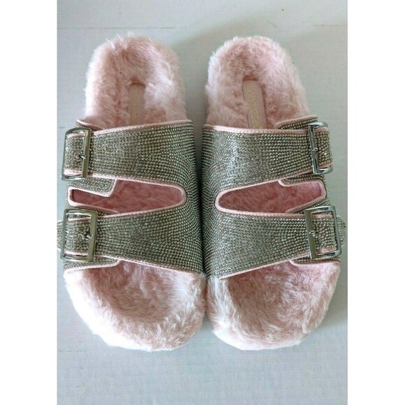 NIB Emiko Rhinestone Fuzzie Slide Women Sandals Flat Pink Faux Fur Buckle Size 9 - Picture 4 of 8